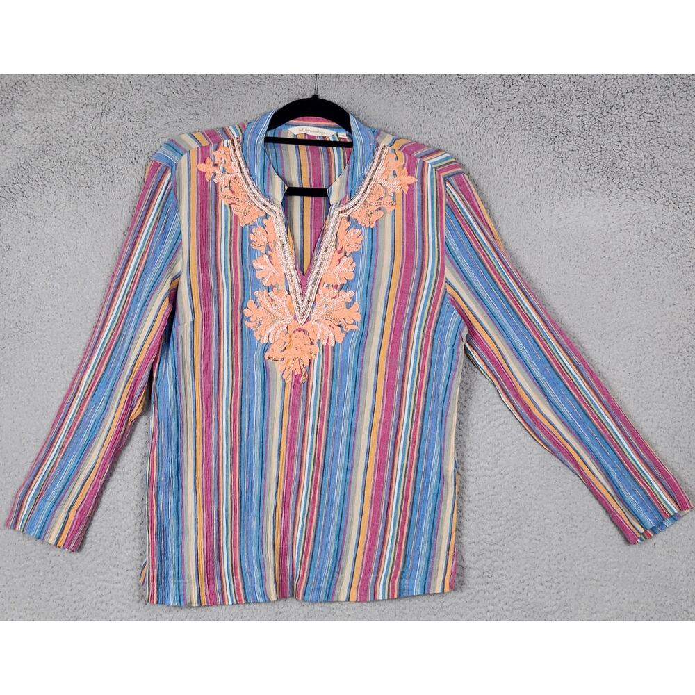 SOFT SURROUNDINGS Top Womens Petite Medium PM Multicolored Embroidered V-Neck